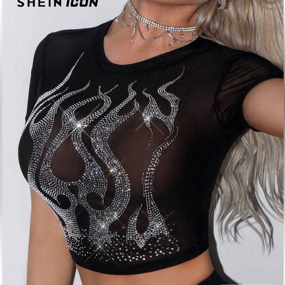 Black Mesh Crop Top with Flame Design